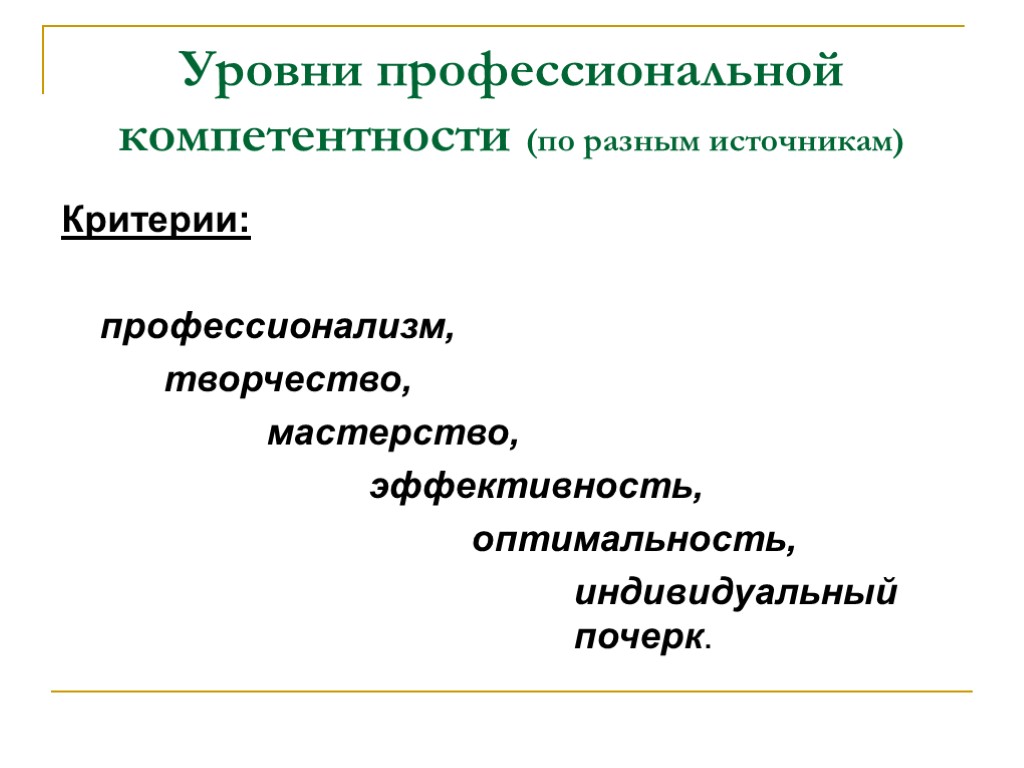 Уровни профессиональной компетентности (по разным источникам) Критерии: профессионализм, творчество, мастерство, эффективность, оптимальность, индивидуальный почерк.